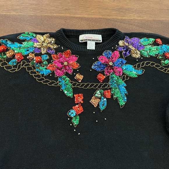 Vintage 80's 90's sequins Diana Marco Black Sweater sz 24 medium large - Picture 4 of 12